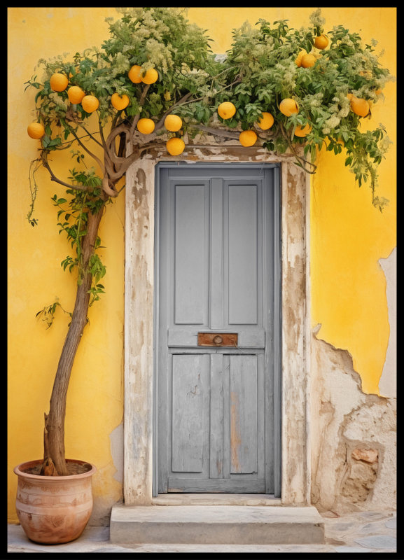 plakat foto - żółta ściana i cytryny